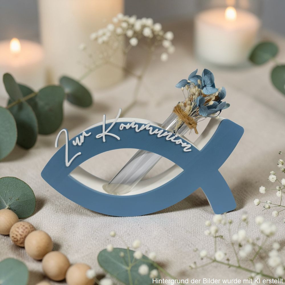 Blauer Fisch zur Kommunion mit Reagenzglas und Trockenblumen, modernes personalisiertes Kommunionsgeschenk